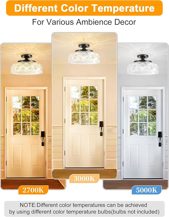 Semi Flush Mount Ceiling Light, 12 Inch Large Black Ceiling Light Fixture, 3-Light Globe Glass Industrial Kitchen Lighting Fixtures for Bathroom, Hallway, Dining Room (Bulb Not Included)