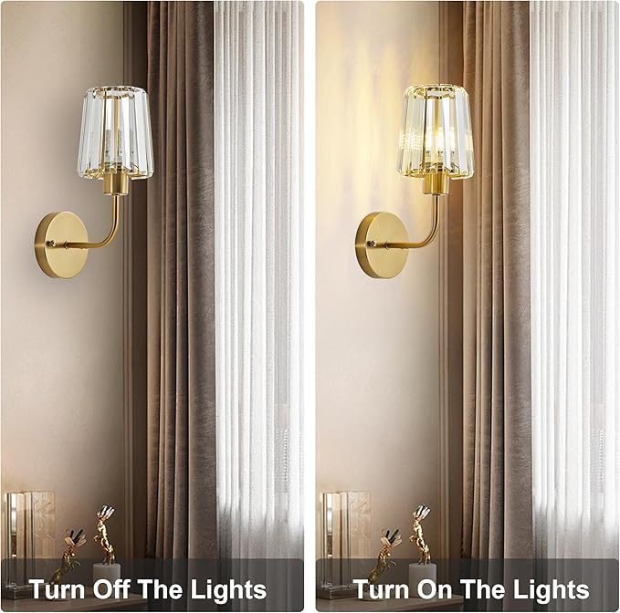 KARTOOSH Hardwired Crystal Wall Sconces Set of Two - Dimmable Wall Light Fixtures 3000K, Warm White, for Hallway, Bathroom, Living Room, Bedroom, Brass, 13 Inch
