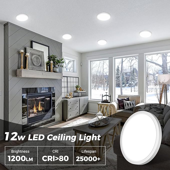 zemty 4Pack Ceiling Light Fixture Flush Mount, 6.5 Inch 12W 1200lm LED Light Fixtures, Adjustable 3000K 4000K 6500K, Modern Recessed Ceiling Lamp for Bathroom Closet Hallway Kitchen
