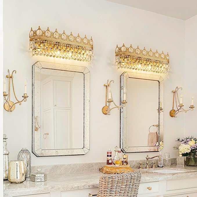 TOCHIC Bathroom Vanity Light Fixtures Over Mirror 4 Lights Gold Crystal Bathroom Wall Light Fixtures Indoor Dimmable, Farmhouse Vintage Sconces for Mirror Cabinets, Powder Room, Bedroom, 24.5” L