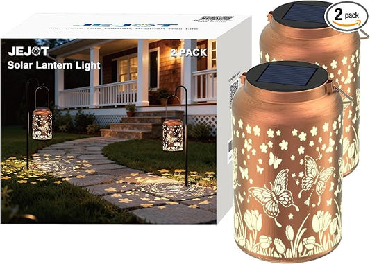 JEJOT Butterfly Solar Lanterns Outdoor Waterproof, Mothers Day Gifts, Birthday Gifts for Women Mom Grandma,Metal Hanging Solar Lantern for Yard,Garden,Porch Landscape Deconrations-2 Pack