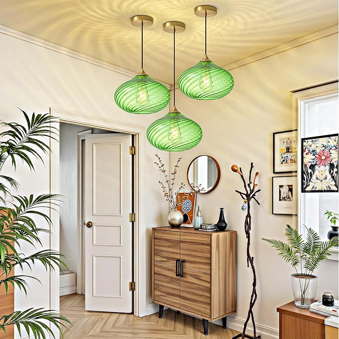 Glass Pendant Lights Kitchen Island, Gold Pendant Lighting Fixtures, Modern Hanging Ceiling Light with 11'' Striped Green Glass Shade for Farmhouse Dining Room Bedroom Hallway(1 Pack)