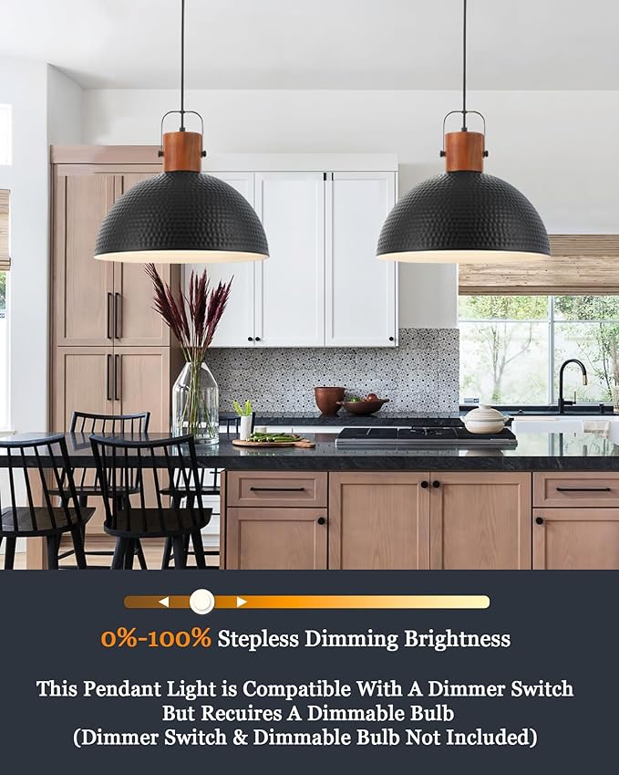 ELYONA 16 Inch Ash Wood Hammered Pendant Light Fixtures, Large Metal Dome Ceiling Hanging Lamp, Industrial Chandelier for Kitchen Island, Bar, Farmhouse, Dining Table, Hallway, Modern Black
