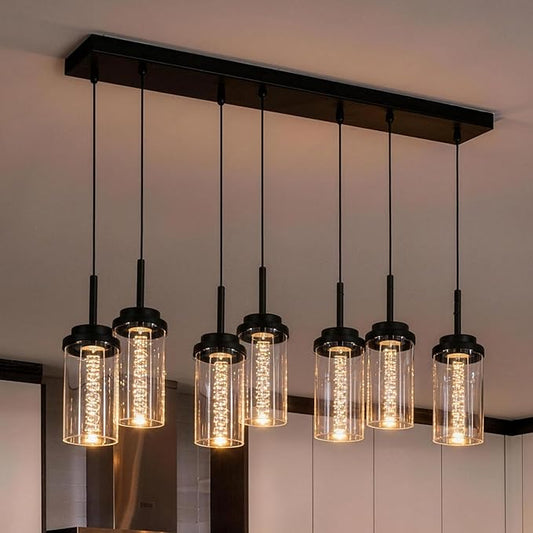 MELUCEE 7-Light Linear Kitchen Island Lighting Fixture, Dimmable Mordern LED Pendant Light with 5 Color Temperature, 30in Black Led Chandelier for Dining Room Kitchen Island, 3000K-6000K, 35W