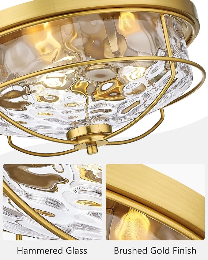 15 Inch Flush Mount Ceiling Light, HWH 3-Light Modern Close to Ceiling Light Fixtures Brushed Gold Finish for Kitchen Porch Foyer with Hammered Water Ripple Glass, 5HTJ102WG-F BG
