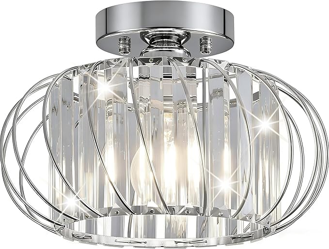 Semi Flush Mount Crystal Ceiling Light, Metal Cage Hallway Ceiling Lamps, Farmhouse Ceiling Light Fixture, Industrial Crystal Chandelier for Corridor Bathroom Kitchen (1, Chrome, 11 Inch)