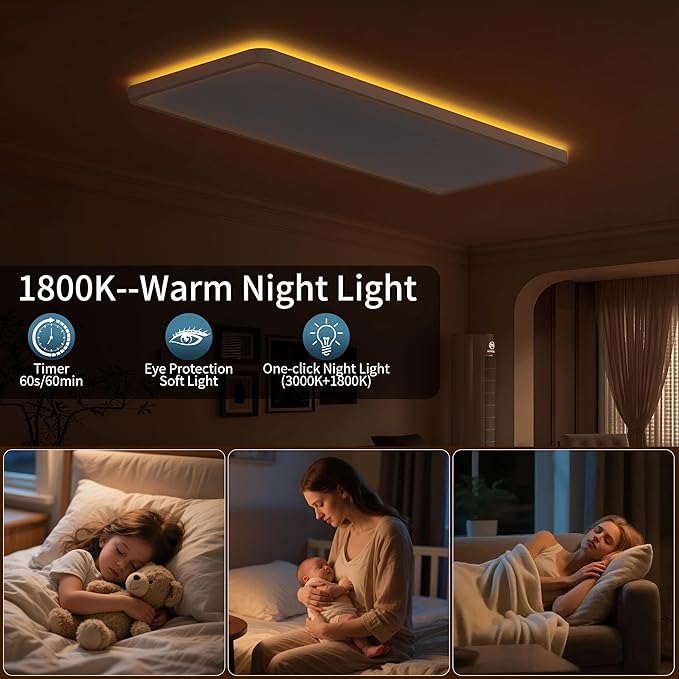 23 Inch Dimmable LED Flush Mount Ceiling Light Fixture with Remote, Square Low Profile Ceiling Light,3000K–6500K Color Changing,1800K Night Light,White,for Bedroom,Kitchen,Living Room