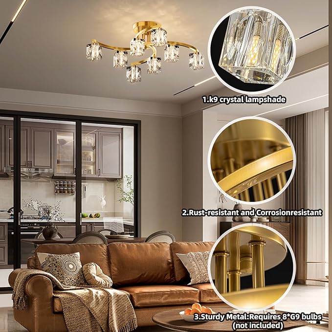 Semi Flush Mount Ceiling Light Fixture with 8-Light, Gold Modern Sputnik Chandeleirs Crsytal Ceiling Light for Dining Room, Bedroom, Living Room, Hallway,Entryway,Kitchen