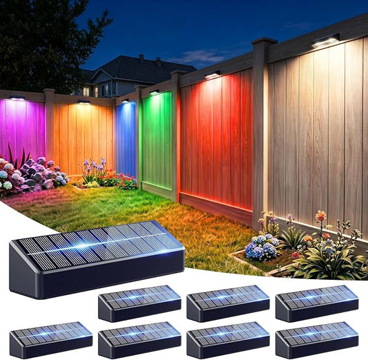 JOFIOS Fence Lights Solar Powered, 9 Fixed Colors ＆ Color Changing Solar Wall Lights Outdoor Waterproof IP65 Dusk-to-Dawn LED Deck Lighting for Patio, Railing, Pool, Porch, Backyard, Wall, 8 Pack