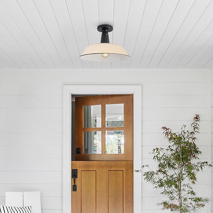JONATHAN Y 14" Matte Almond/Black 1-Light Industrial LED Semi Flush Mount Ceiling Light for Porch, Kitchen, Entryway, Modern Farmhouse Iron Fixture, White Metal Shade, LED Bulb Included (JYL7617J)