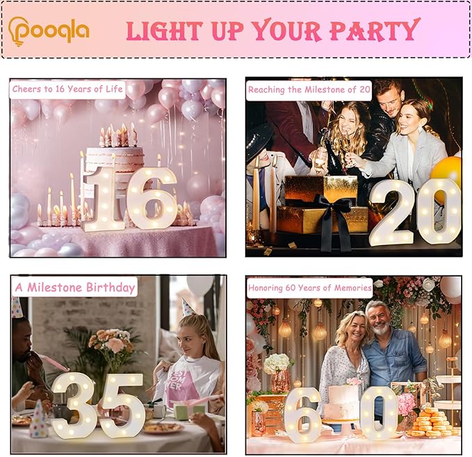 Pooqla Decorative LED Light Up Number Letters, White Plastic Marquee Lights Sign for Birthday Party Wedding Decor, Battery Operated (15)