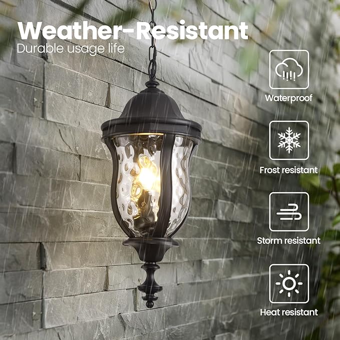 Large Outdoor Pendant Light Fixtures, 23.6'' Exterior Hanging Lantern Porch Light Adjustable, Black Hanging Lamp Farmhouse Exterior Chandelier Ceiling Mount for Entrance Patio