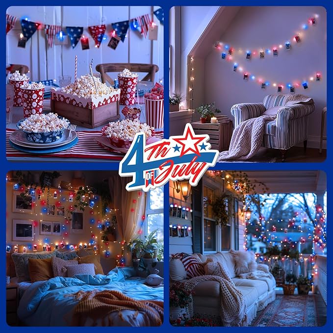 4th of July Lights Red-White-Blue Decorations - 100 LED 50 Photo Clips String Lights Holder 33FT Starry Fairy Lights Hanging Pictures Cards Memos USB Powered&Switch Bedroom Dorm Christmas Decor Tree