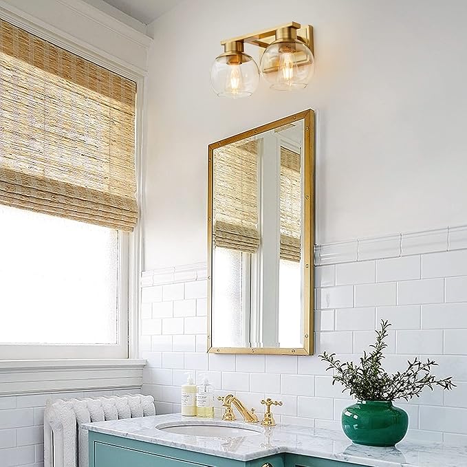 PAZALA 2 Light Vanity Lights, Brushed Brass Bathroom Wall Sconce Light with Globe Glass Shade, Bathroom Light Fixture Over Mirror for Bedroom, Living Room, Hallway (E26 Base)