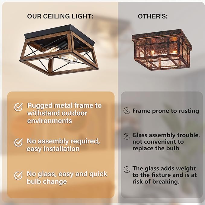 Pia Ricco Farmhouse Flush Mount Ceiling Light Fixture, Outdoor Porch Ceiling Lights, Rustic Industrial Style Square Close to Ceiling Light for Entry, Hallway, Kitchen, Patio, 2-Light, Brown