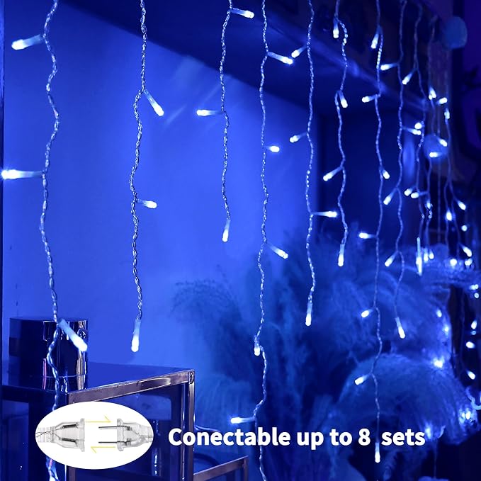 YOLIGHT 13ft 96 LED Icicle String Lights with Memory Function Controller, Indoor Room Curtain Fairy Lights Hanging Decoration for Halloween Patio Garden Bedroom Christmas Wedding (Blue)