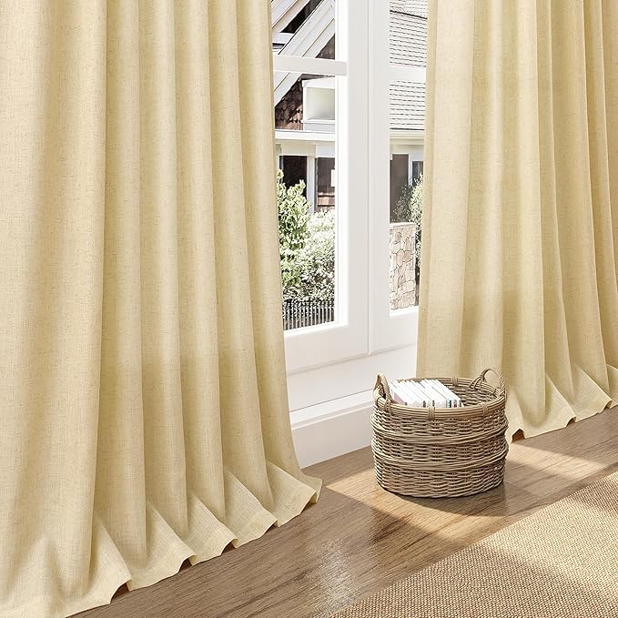 Nanspring Cream Yellow Curtains 108 Inches Long for Living Room Linen Light Filtering Modern Farmhouse Sheer Curtains Back Tab Floor to Ceiling High Window Curtain for Bedroom Office 52x108, 2 Panels