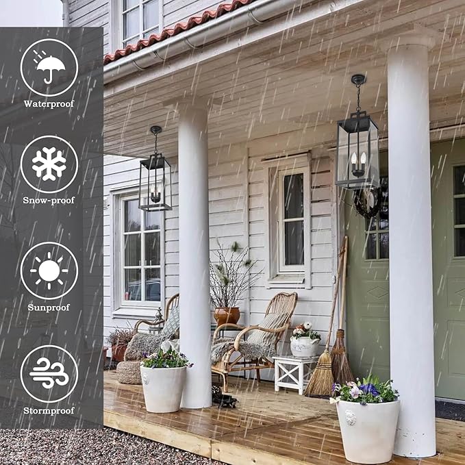 21'' Outdoor Pendant Lantern, 2-Light Modern Black Exterior Chandelier with Clear Glass, Hanging Porch Light for Patio, Yard, Foyer