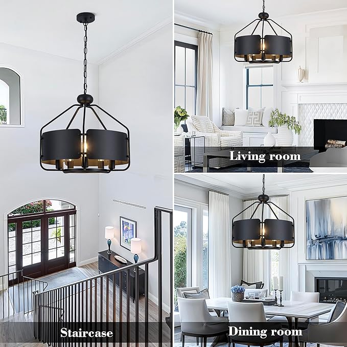 21'' Black Farmhouse Chandeliers for Dining Room, Vintage Industrial Large Drum Chandelier, Rustic Round Coastal Pendant Light Fixtures Adjustable Hanging for Kitchen Island Foyer Hallway - 5 Light