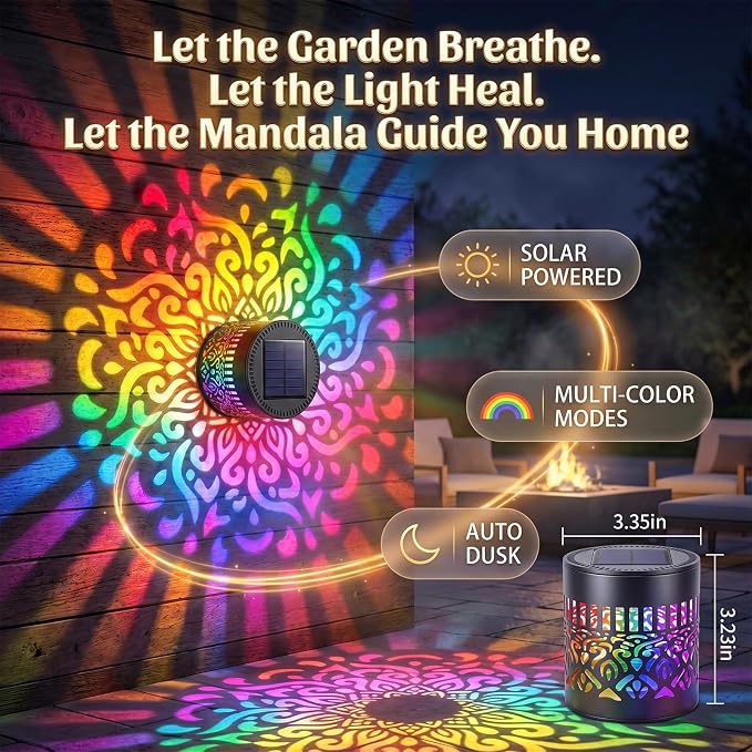 2026 New Seven-Color Changing Solar Mandala Projection Wall Light IP65 Water Proof Decorative Mandala Lights Outdoor Metal Fence Lights for Yard Garden Post Patio Backyard Decor (2pcs)