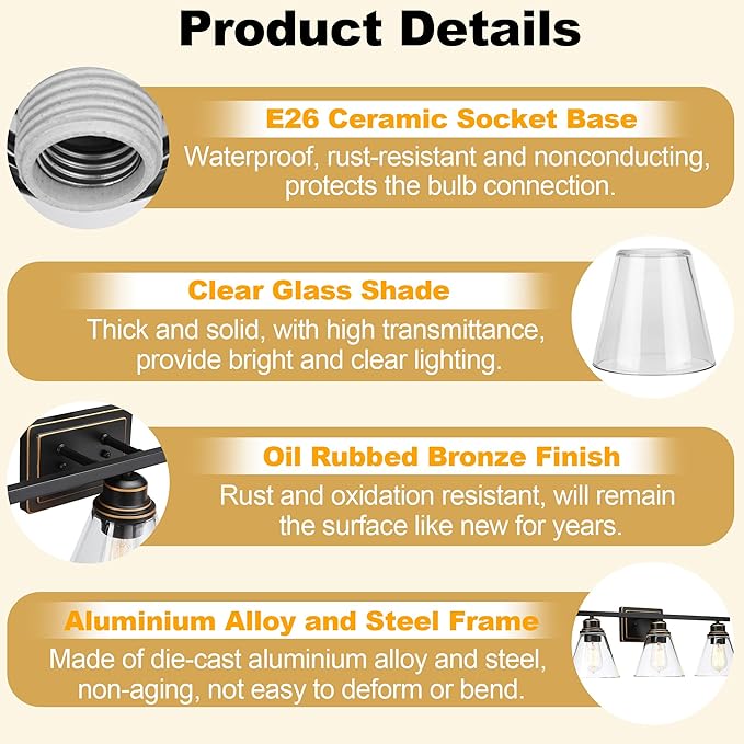 Oil Rubbed Bronze 3-Light Bathroom Vanity Light and Accessories Kit, 5-Piece All-in-One Bathroom Light Set Includes Oil Rubbed Bronze 3-Light Vanity Light,Robe Hook,Tissue Holder,Towel Bar,Towel Ring