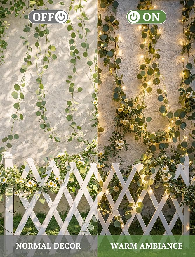 Vines with Fairy Lights,13ft Eucalyptus Garland String Lights USB/Battery Operate,40 LED Fake Leaf Twinkle Lights for Wedding,Birthday,Dorm,Bedroom,Curtain, Photo,Wall Decor(Warm White)