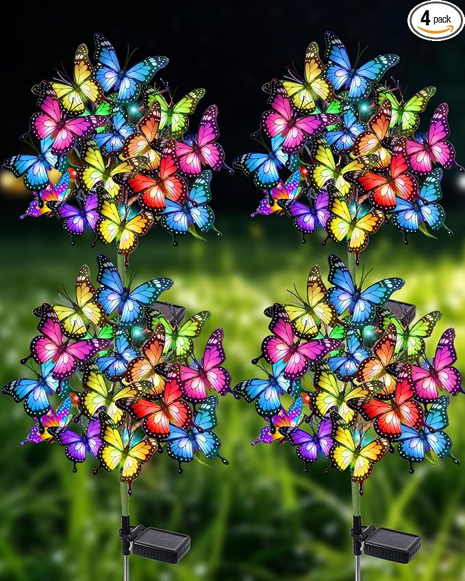 Solar Lights Outdoor Waterproof Decorative Solar Garden Lights Outside 4 Pack with 172 LED 68 Butterfly Flowers Garden Decor Yard Patio Lawn, Gifts for Women Mother's Day Mom