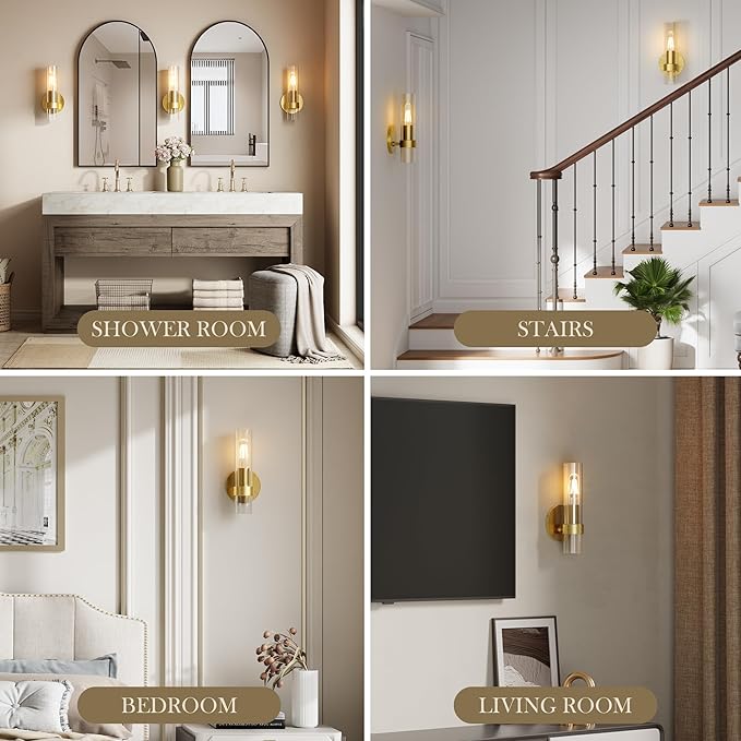 Wall Sconce Set of Two, Hardwired Bathroom Wall Sconces Lighting with Clear Glass, Modern Wall Sconces Set of 2 Wall Light fixtures for Bathroom Mirror Living Room Hallway Bedroom(Gold)