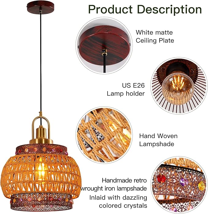 12.6-inch Vintage Burgundy Bohemian cage Chandelier, mid-Century Wicker Tiffany-Style lamp, Suitable for Kitchen Island, Farmhouse Dining Room, bar, Coffee Shop~