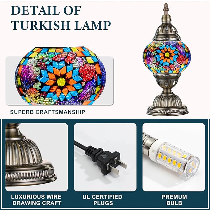Marrakech Turkish Table Lamp with Bronze Base，Handmade Colorful Moroccan Tiffany Style Mosaic Glass Night Stand Light Fixture Including LED Bulb for Living Room Bedroom Decor (Colorful1)