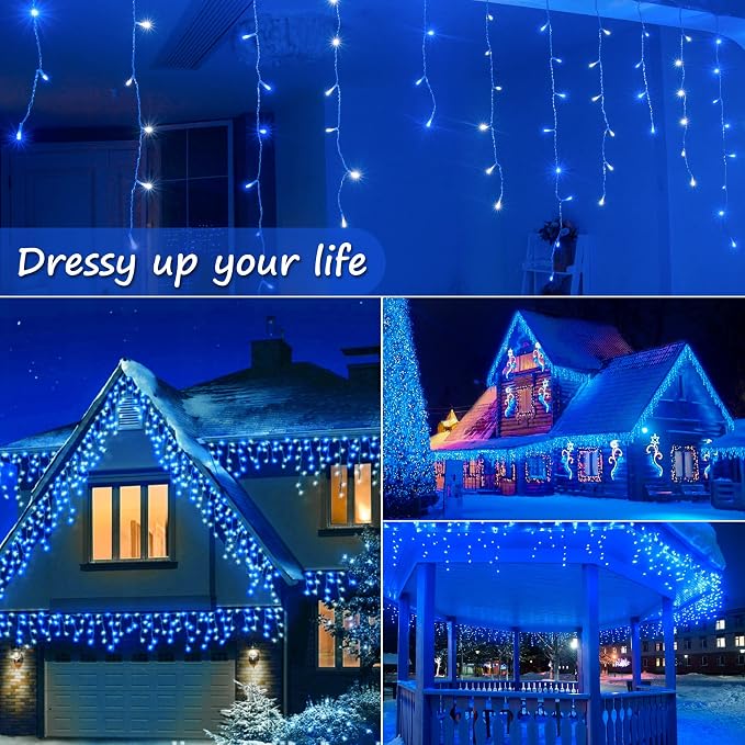Icicle Lights Outdoor Decorations 300 LED 33ft 8 Modes Curtain Fairy String Light with 50 Drops, LED String Light Indoor for Wedding Party Holiday Christmas Decorations,Blue+White