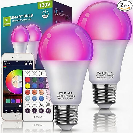 Smart Light Bulbs 2Pack, Color Changing Light Bulb Works w/Alexa Google Home, 9W A19 E26 800LM RGBTW Colored LED Bulbs, 50+ DIY Scenes, Music Sync, App & Voice Control WiFi Light Bulbs