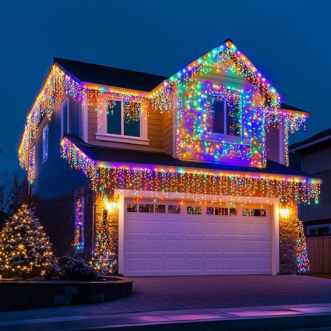 Dazzle Bright Christmas Icicle Lights, 88.5 FT 1080 LED 8 Modes Curtain Fairy Lights with 180 Drops, Xmas String Lights for Outdoor Holiday Wedding Party Decorations (Multi-Colored)