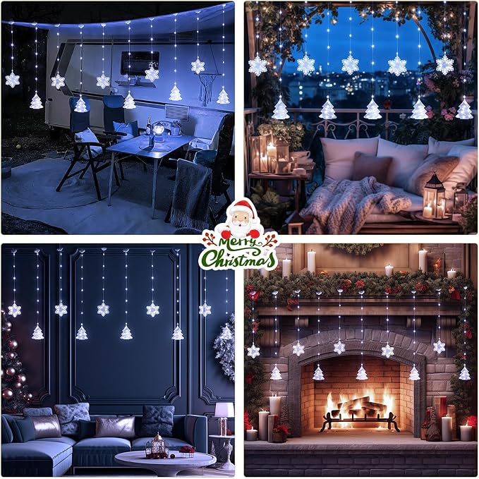 BLOOMWIN Christmas Window Lights Indoor - 2M 160 LED Christmas Window Decorations, Snowflake Curtain Hanging Fairy String Icicle Lights for Xmas Noel Bedroom Holiday Home Outdoor, Cold White USB