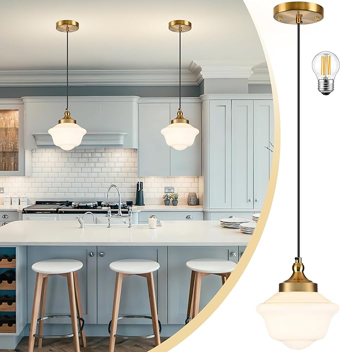Bagood 8" Gold Schoolhouse Light Fixture Milk Glass Pendant Light Schoolhouse Pendant Light Milk Glass Light Fixture Mid Century Modern Ceiling Light for Bedroom Bathroom Kitchen Island (Bulb Incl.)