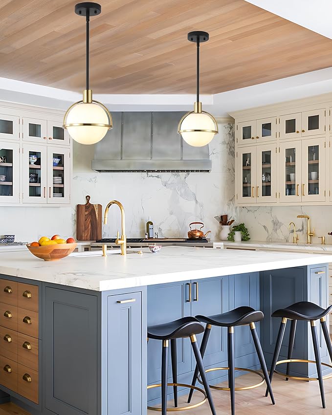 2 Pack Modern Mid Century Globe Pendant Lights,Brass Gold and Black Kitchen Island Pendant Lighting with Milk White Glass Shade,Hanging Pendant Light Fixtures for Living Room Bedroom