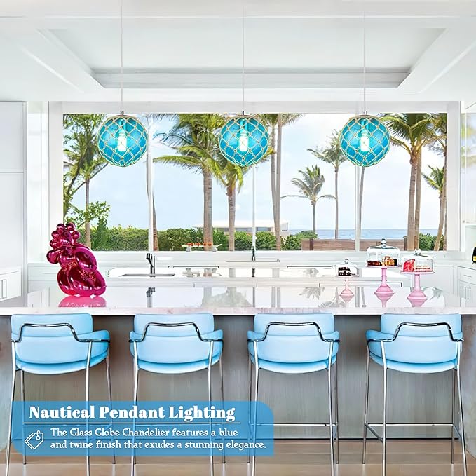 Blue Pendant Light Coastal Pendant Light Nautical Pendant Lighting Beach House Lighting Fixtures Ocean Lighting Fixture Coastal Hanging Light Fixtures Fish Float Glass Ball Lighting(Bulb Incl.
