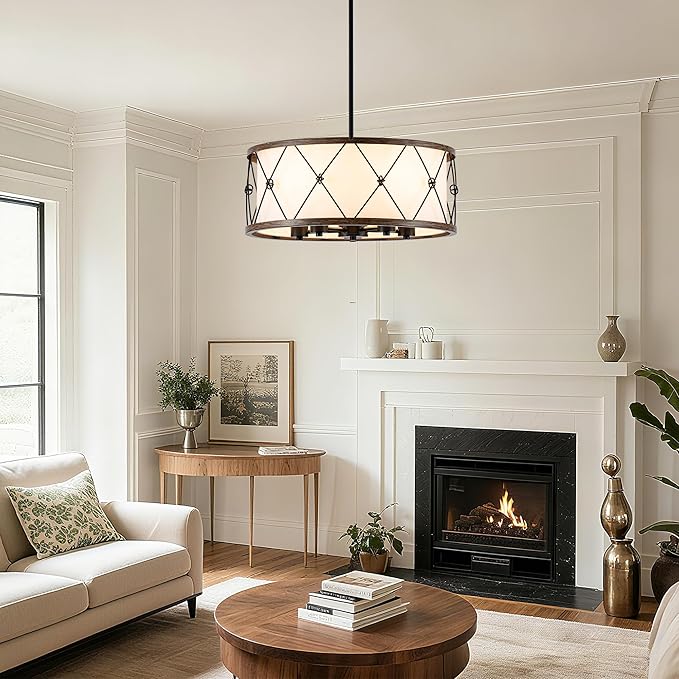 Mayful D19.7 Modern Farmhouse Chandelier 5-Light Adjustable Pendant Light for Dining Room Light Fixture, Rustic Drum Hanging Chandeliers for Kitchen Island Entryway Foyer Bedroom Living Room,Black