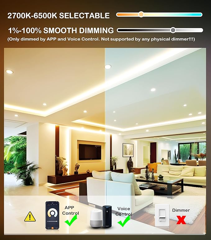 CLOUDY BAY [4 Pack] 4inch Smart WiFi LED Recessed Lights,RGBCW Color Changing Recessed Lighting,Compatible with Alexa and Google Home Assistant,No Hub Required,10W 2700K-6500K,CRI90+ Wet Location