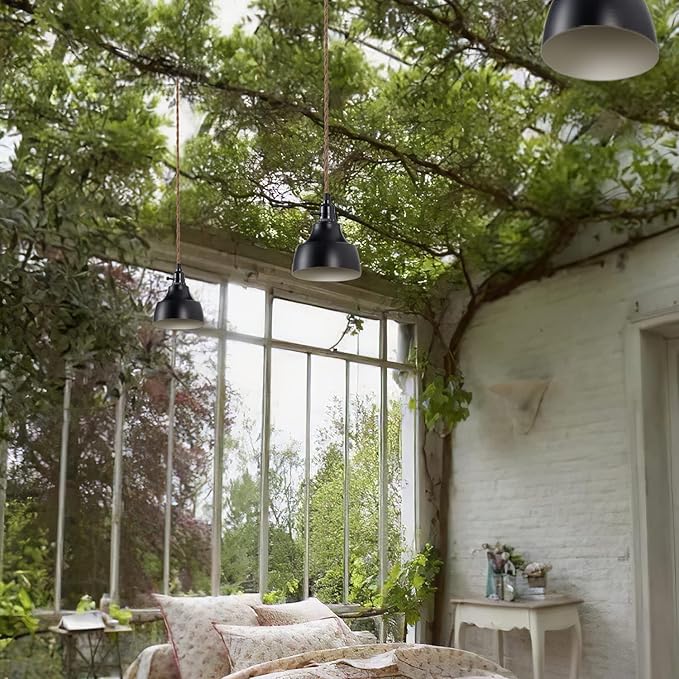 3 Light Plug in Pendant Light Cord 22FT Industrial Farmhouse Hanging Lamp with Twisted Hemp Rope Independent Triple Switch Hanging Light Chandelier for Dining Room Kitchen Black Finish