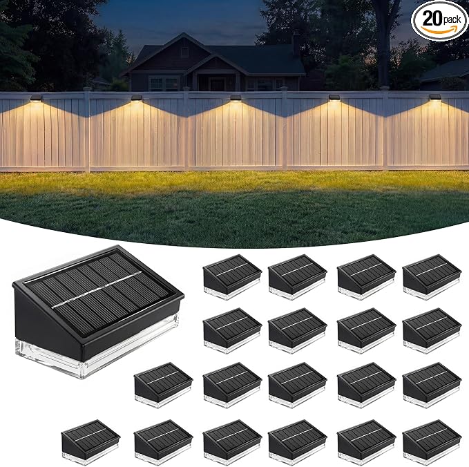 NIORSUN Solar Fence Lights 20 Pack, Outdoor Solar Lights with 3 Color Temperatures, IP65 Waterproof Wide-Angle LED Lighting for Fence, Patio, Yard, Deck, Wall, Garden (Black)