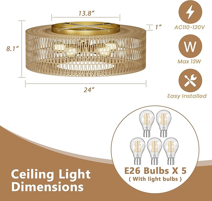 ROOMTEC 24" Rattan Flush Mount Ceiling Light, 5-Light Ceiling Fixture with Bulbs Included, Boho Woven Natural Fiber Dining Room Light for Bedroom Living Room Kitchen