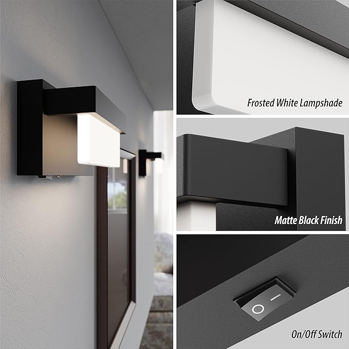 Wall Sconce Black Wall Light with On/Off Switch 8 inch LED Wall Lamp Acrylic Lampshade 4000K Sconce Wall Lighting