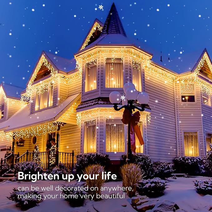 Hopolon 33FT 360 LED Warm White Christmas Icicle Lights, Waterproof Plug in | Outdoor icicle curtain lights with 60 drops, 8 modes, for Christmas, wedding, party, bedroom, garden, wall decor