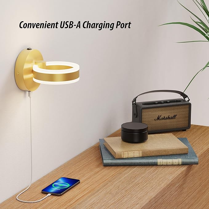 LED Wall Sconces with ON/Off Switch, Gold Rotatable Hardwired Wall Light Fixtures, Built in USB Charging Port, Modern Wall Decor for Bed Lighting.