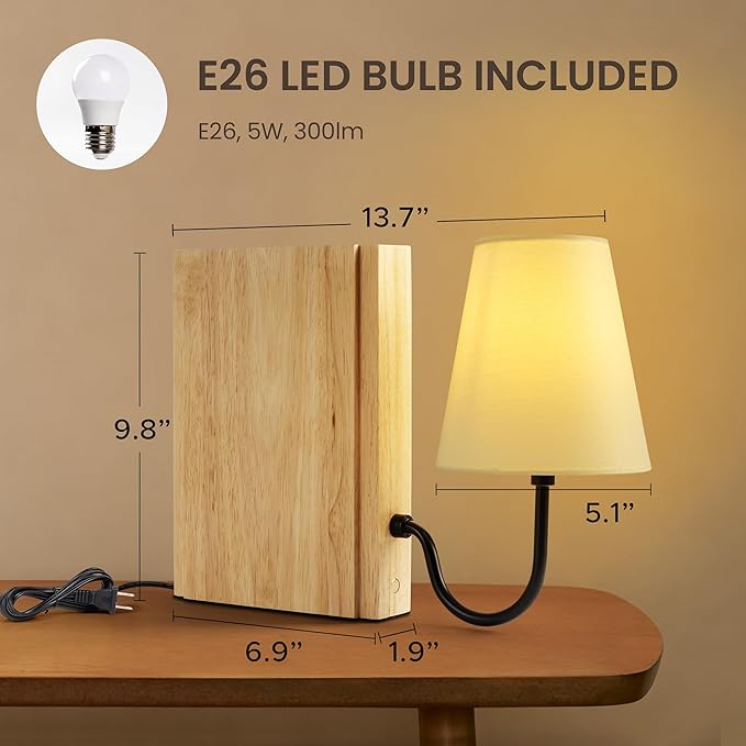 AELS Wooden Bookshelf Lamp with Bulb, Table Lamp with Linen Shade, 3-Color Dimmable Touch Control, Modern Decorative Bookend, Book Sconce for Office Home Bedroom Bookshelf, Natural