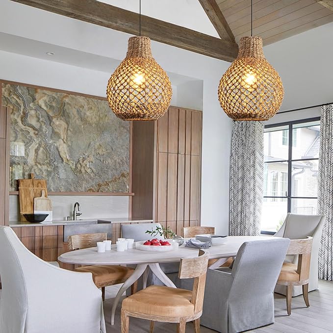 2-Pack Rattan Pendant Light,11.03" Boho Hand Woven Coastal Brown Wicker Hanging Lighting for Farmhouse Dining Room Kitchen Bedroom Hallway