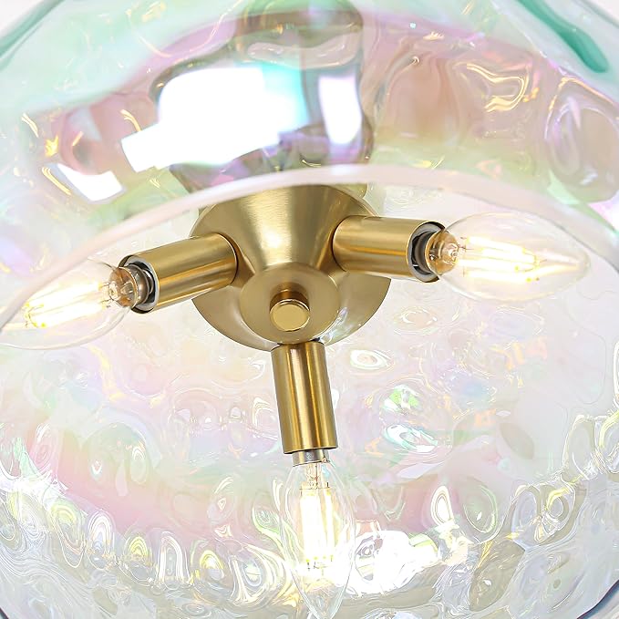 Semi Flush Mount Ceiling Light, 14" Large 3-Lights Ceiling Light Fixture with Iridescent Hammered Glass Shade, Modern Chandelier for Hallway Entryway Foyer Bedroom, Brass/Gold