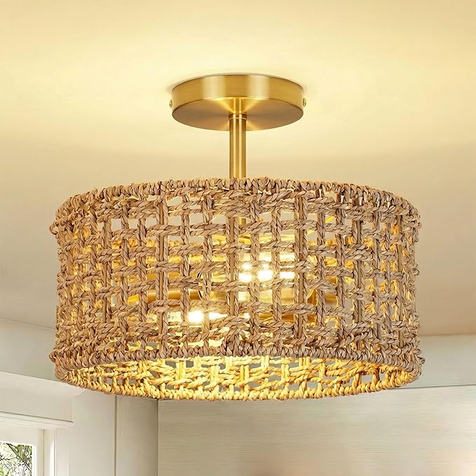 Boho Rattan Ceiling Light Fixture, 12.6" Woven Drum Flush Mount Light, Rustic Farmhouse Wicker Semi Flush Lighting for Bedroom, Kitchen, Living Room, Entryway, Hallway, Modern Coastal Lamp