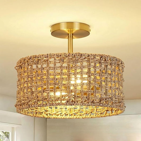 Boho Rattan Ceiling Light Fixture, 12.6" Woven Drum Flush Mount Light, Rustic Farmhouse Wicker Semi Flush Lighting for Bedroom, Kitchen, Living Room, Entryway, Hallway, Modern Coastal Lamp